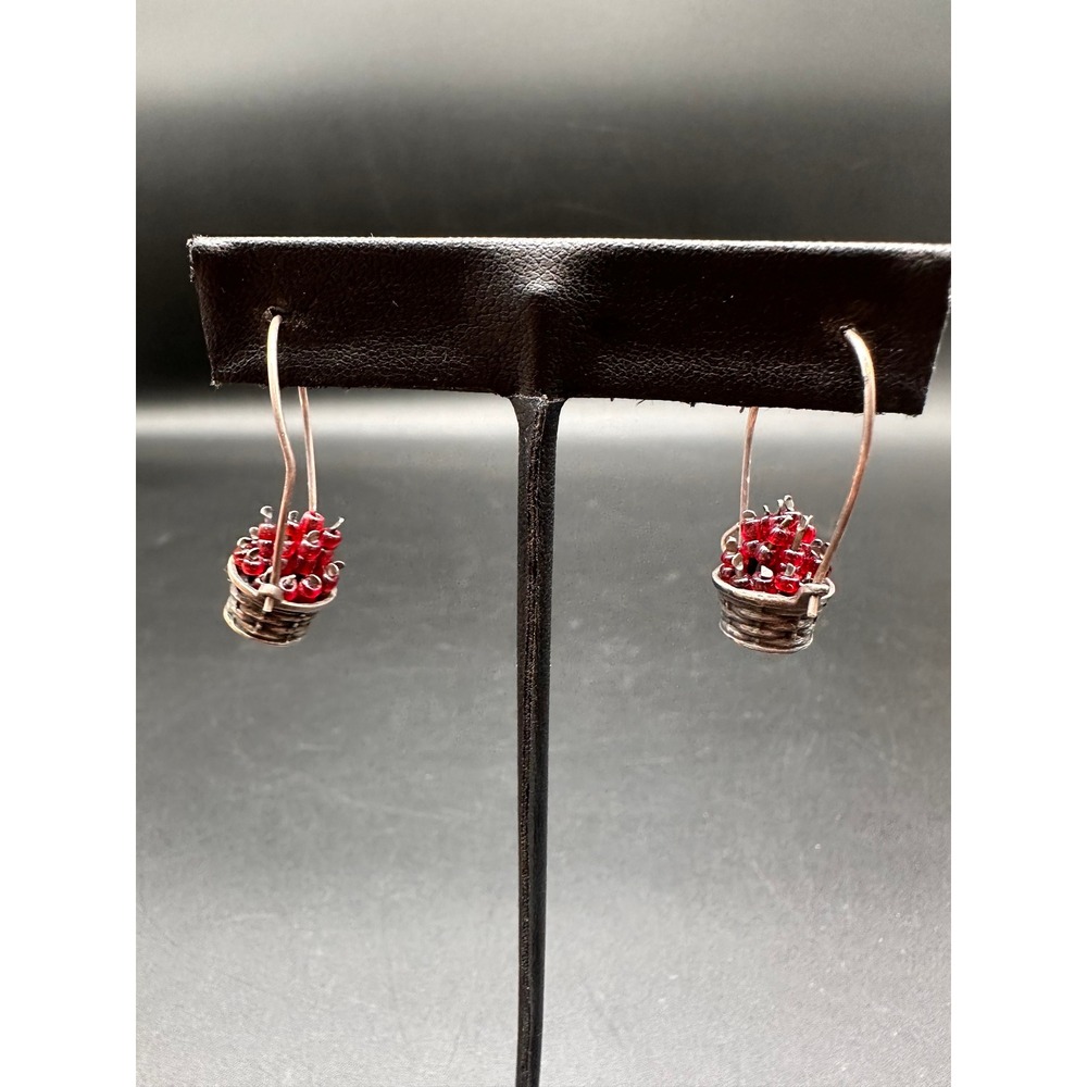Vintage Red Berries Fruit Basket Drop Earrings Costume Jewelry Fall Harvest